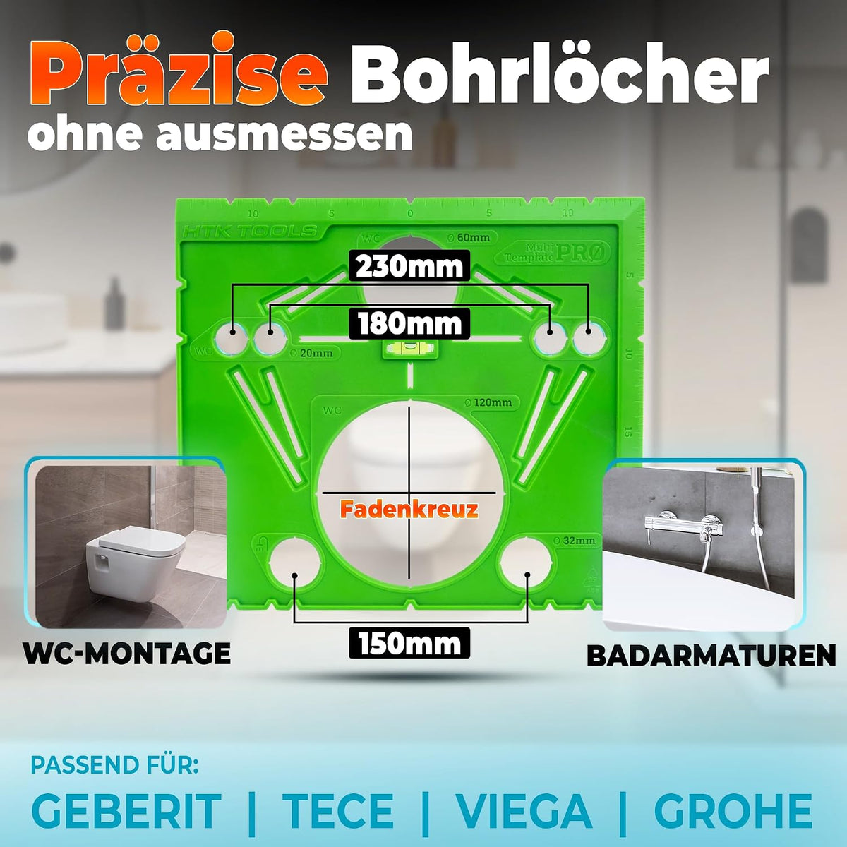 Anzeichenschablone Wand-WC mit bemaßten Lochabständen für Geberit, TECE, VIEGA und GROHE