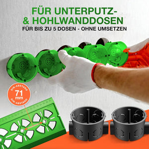 Grüne Bohrschablone Steckdose an der Wand mit fünf montierten Unterputzdosen im Abstand von 71 mm