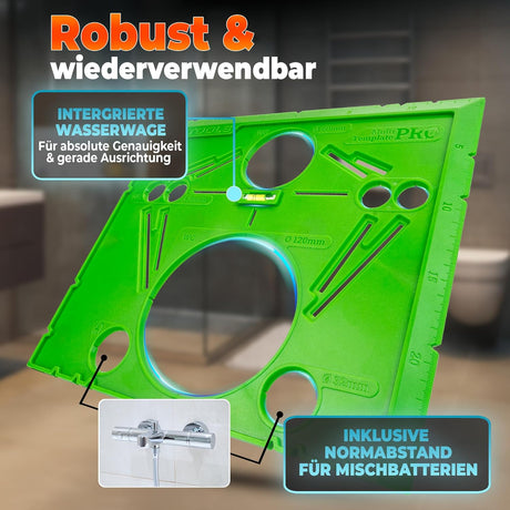 Grüne Anzeichenschablone Wand-WC mit integrierter Wasserwaage und Lochbild-Ausschnitten