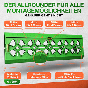 Grüne Bohrschablone Steckdose mit integrierter Wasserwaage und Markierungen für 2 bis 5 Dosen