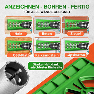Bohrschablone Steckdose beim Bohren in sechs verschiedenen Wandmaterialien wie Holz, Beton und Ziegel