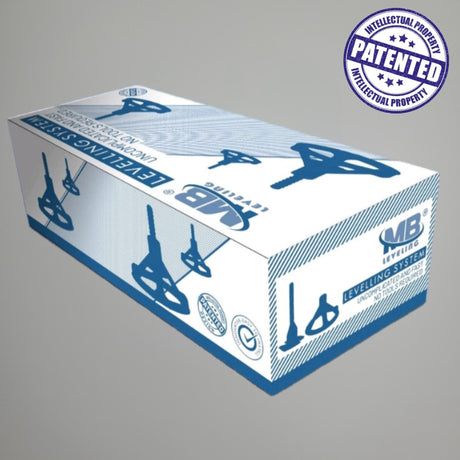 Verpackungskarton des MB Leveling Nivelliersystems mit Patent-Siegel und Markenlogo